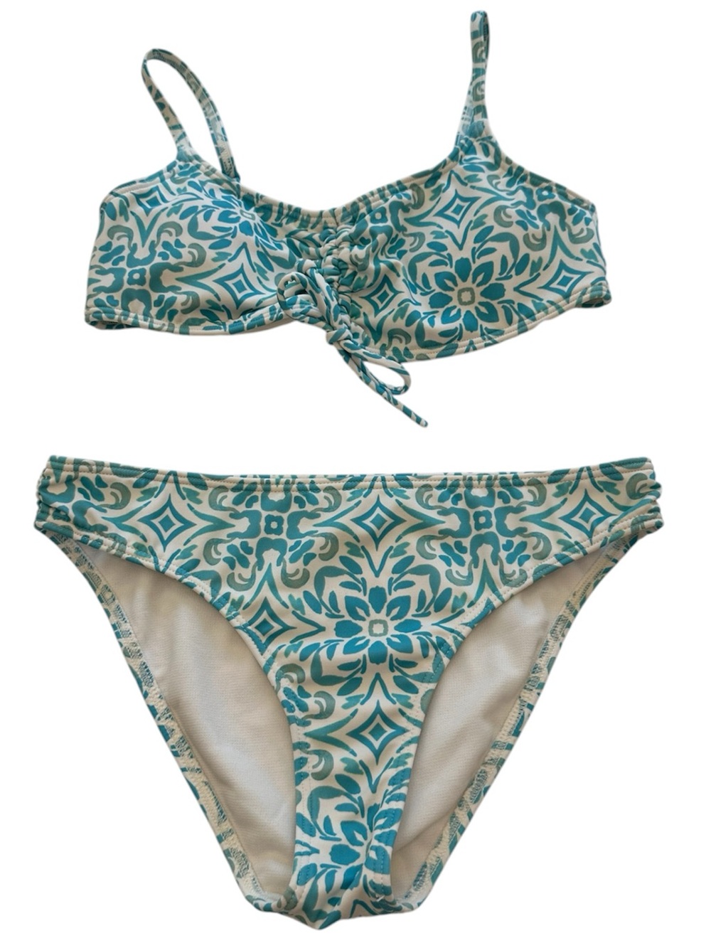 Roxy Two Piece Swimsuit Bikini Bralette Teal White Patterned Girls Size 12